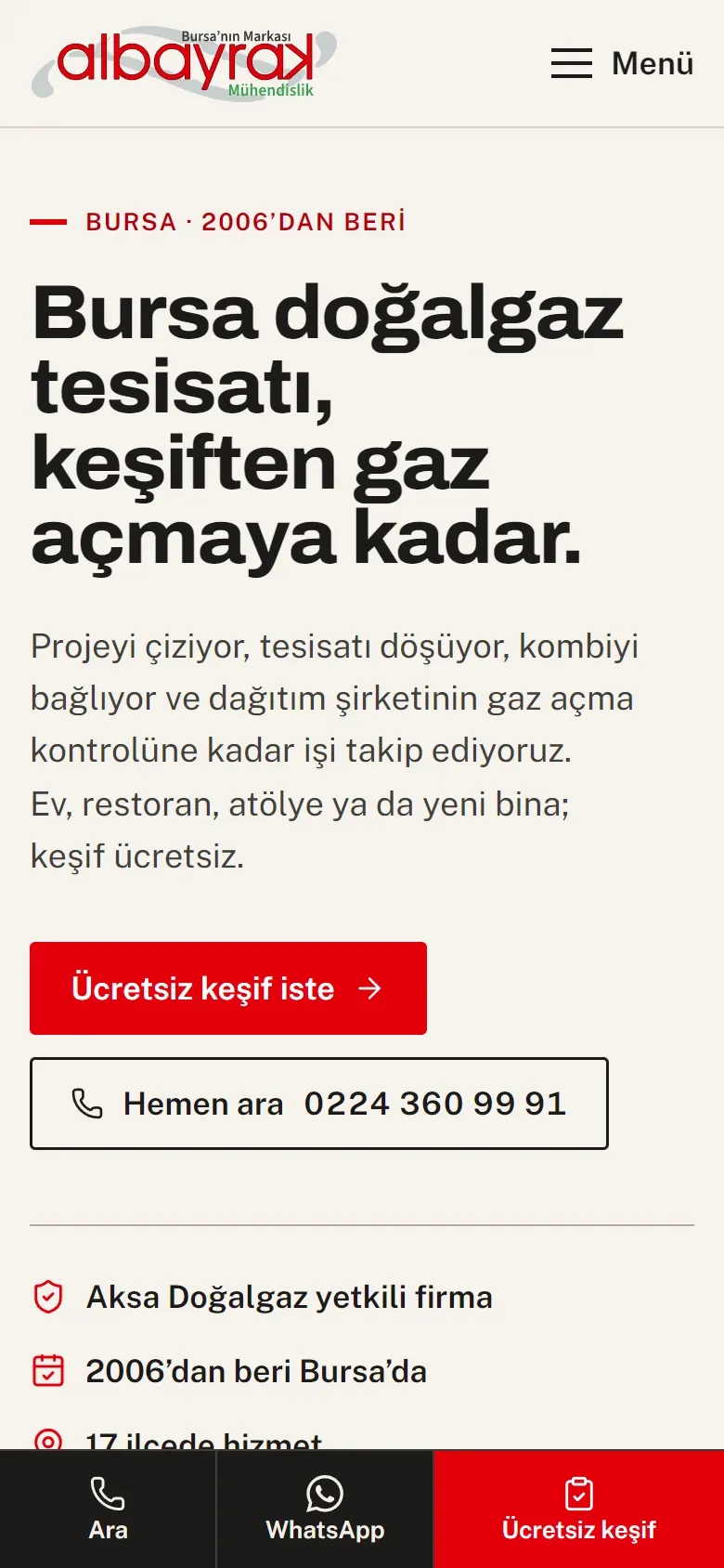 The Albayrak Mühendislik website on a phone