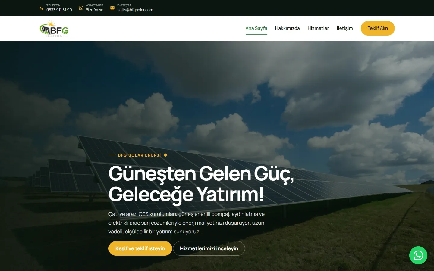 Home page of the BFG Solar Enerji website